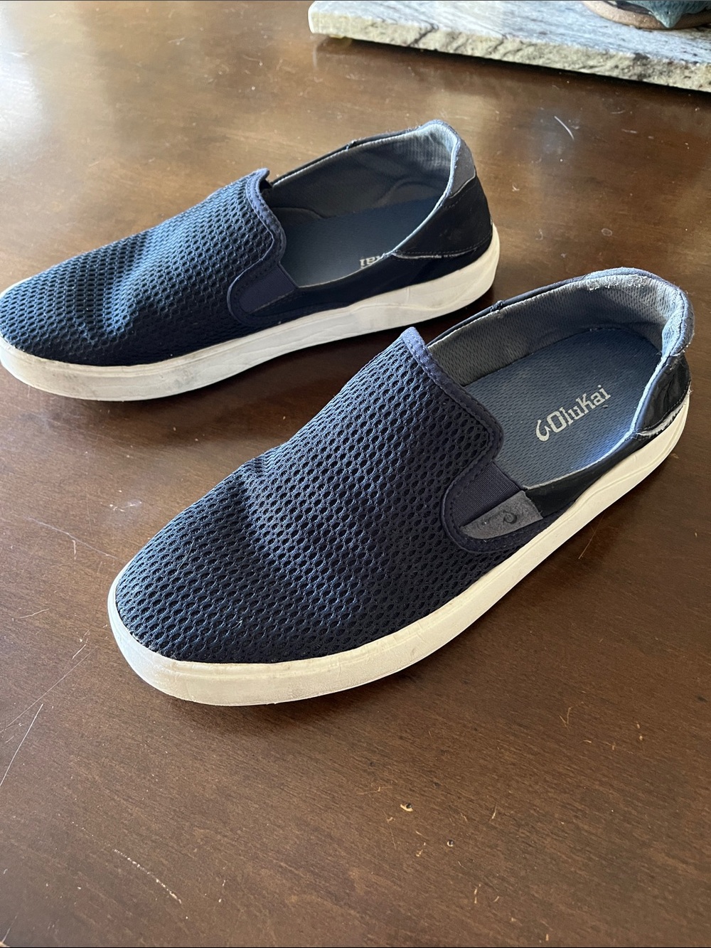OluKai Men's Navy Mesh Slip-On Loafers with White Sole